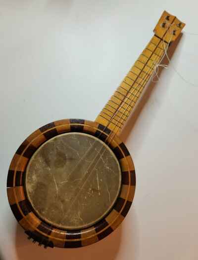 Antique Banjo Ukulele in 2 Tone Marketery Work + New Strings Free Shp