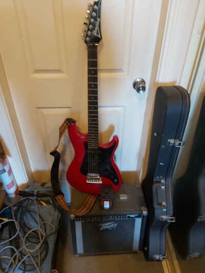 electric guitar 1980s red Ibanez +35 watt USA Pevey amp + Korg distortion pedal