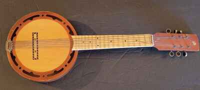 Mini Banjo 6 string Wooden Instrument Vintage Carved Wood Folk Art Music