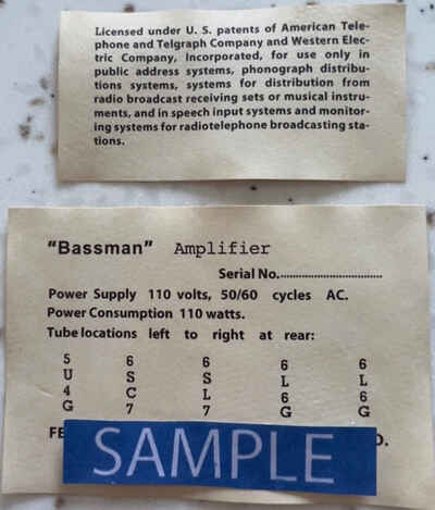 Vintage Tweed Bassman  Replacement Tube Chart 1950 2 piece style