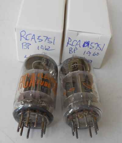 Matched PAIR RCA 5751 Black Plate tubes, test new, 1960 and 1962 TONE!
