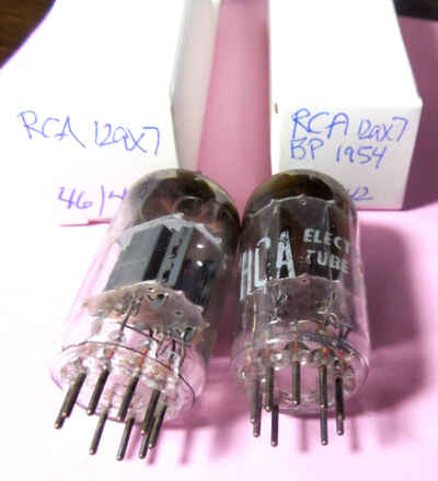 Pair matched RCA 12AX7 tubes test New Black Plate 1954, + Gray Plate! USA!