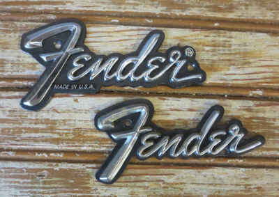 Vtg Lot of 2 Fender Logo Amp / Speaker Badge Emblem: 1 Metal Made in USA / 1 Plastic