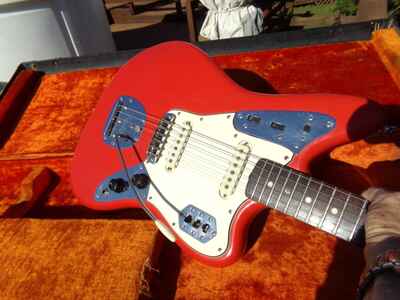 1965 Fender Jaguar electric guitar- Fiesta Red professional refinish, orig. case