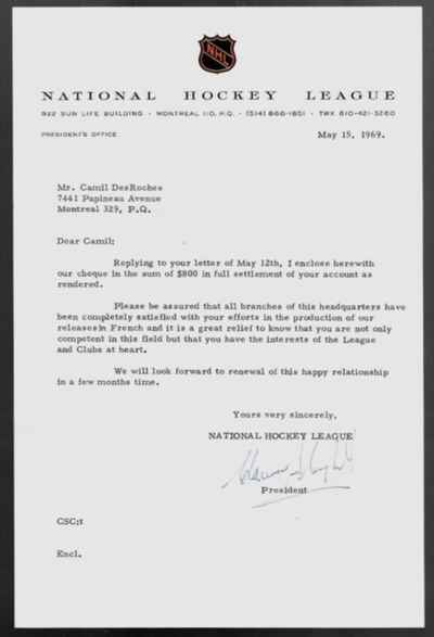 1969 Official NHL Letter Clarence Campbell to Canadiens Camil Desroches Signed !