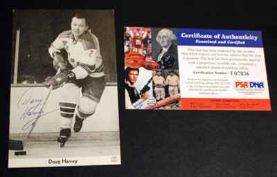 Vintage 1962-63 New York Rangers Canadiens Doug Harvey Signed Postcard PSA DNA!