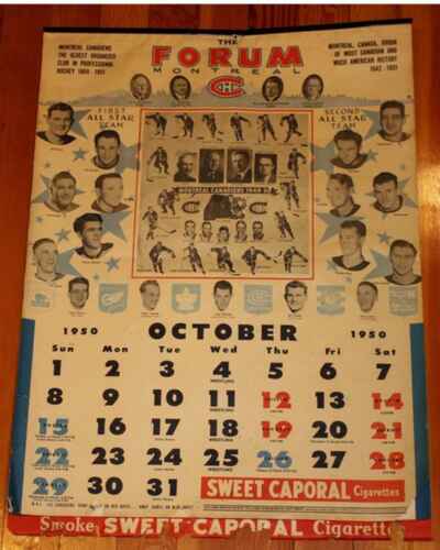 Vintage Sweet Caporal Cigarettes Montreal Forum 1950-51 Canadiens Calendar!