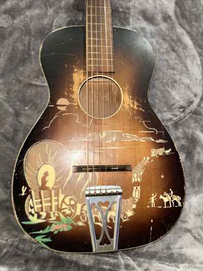 1950s Harmony Made Montgomery Wards Sold Wagon Wheels Cowboy Guitar w /  soft case