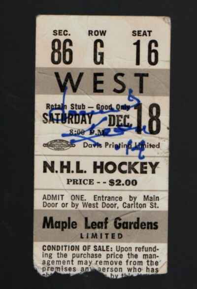 Dave Keon Toronto Maple Leafs Dec18 1965 Signed 1st Career Hat Trick Ticket Stub