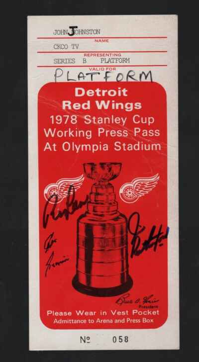 1978 Detroit Red Wings Stanley Cup Press Pass Signed by 3 Goalies Ed Giacomin !
