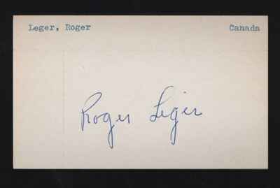 Rare 1940s Montreal Canadiens NY Rangers Roger Leger Signed Index Card dec. 1965