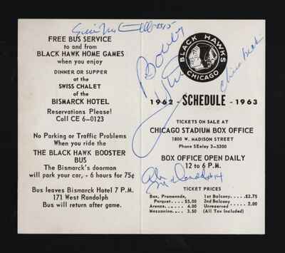 Vintage 1962 Chicago Blackhawks Signed x 4 Pocket Schedule Bobby Hull Chico Maki