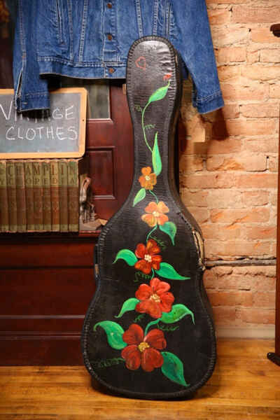 Vintage Guitar Case Faux Alligator 1978 Hippie Original Artwork flowers heart