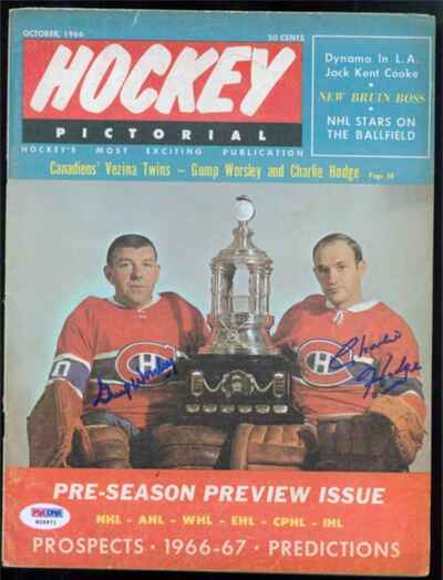 Gump Worsley Charlie Hodge Vezina Winner 1966 Dual Signed Magazine PSA Canadiens