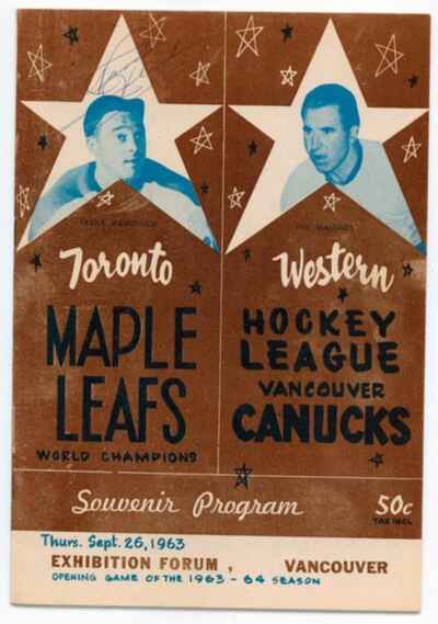 1962 Vancouver Canucks vs Toronto Maple Leafs WHL Program Signed Punch Imlach !