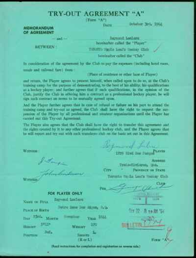 1964 Toronto Maple Leafs George Punch Imlach Signed Player Try Out Agreement!
