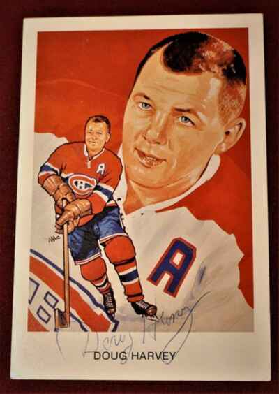 Doug Harvey Montreal Canadiens Signed Hockey HOF Postcard 1983 Cartophilium dec!