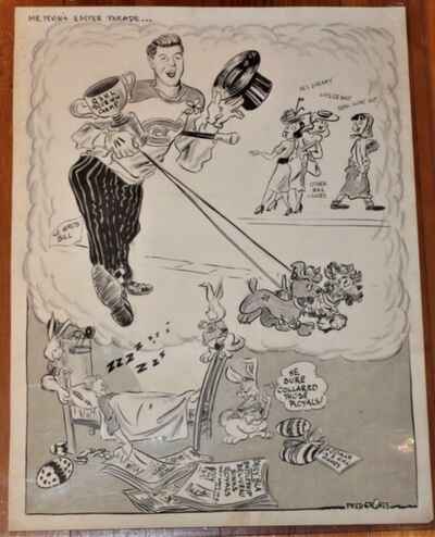 Vintage 1953 Jean Beliveau Montreal Canadiens 13x18 Fred Groves Original Art  !