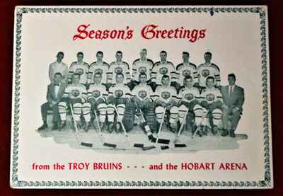 Rare 1957 Troy Bruins IHL Hockey Team issued Christmas Card Hobart Arena Ohio!