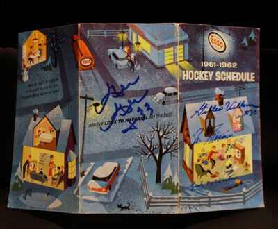 Vintage 1961 Esso Pocket Schedule & NY Rangers Banner Multiple Goalie Autographs