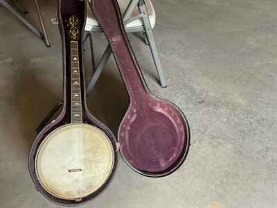 Vintage Unbranded Tenor 4-String Banjo w / Inlays & Hard Case