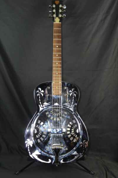 1983 OMI Dobro Model 33H ?? Round neck metal body w /  etched Hawaiian scene & OHSC