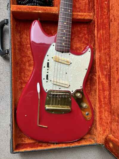 1965 Fender Mustang Guitar Vintage Red With Original Case, Strings, Cord