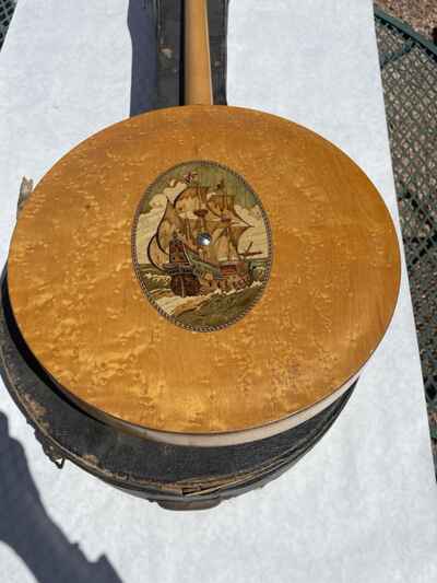 vintage banjo ukulele Resonator Sailing Ship Motif