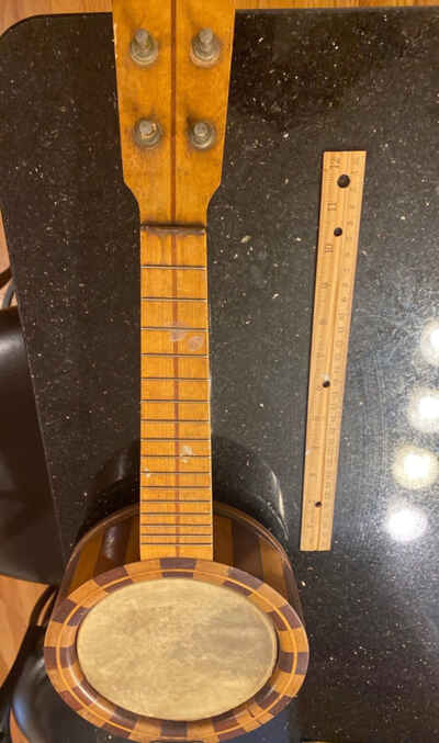 VINTAGE ANTIQUE BLOCK RIMMED BANJO UKULELE - UNKNOWN AGE and COMPANY