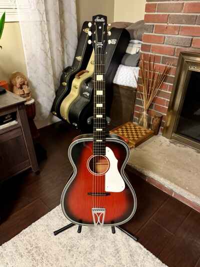 Rare VTG 1960 Harmony Stella H1141 Grand Concert Redburst Acoustic Guitar w / Case