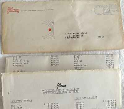 Gibson Guitars Price List Jan 1, 1979 + Gibson Envelope Postmarked Chicago IL