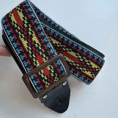 Vintage Guitar Strap Hippie-Hootenanny Pattern Strap Unbranded Blue-Red-Yellow