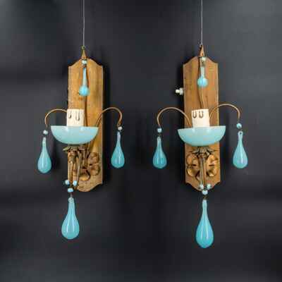 10" Pair Antique French Blue Opaline Drops Beads Glass Wall Sconces Lights 1950s