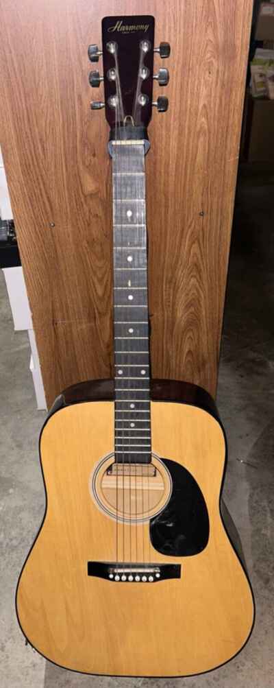 unused vintage harmony acoustic guitar-tan and brown-neck strap included