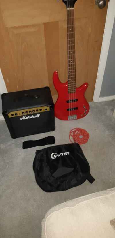 Cruiser by crafter red electric bass guitar + Vintage Marshall Valvestate 10 Amp