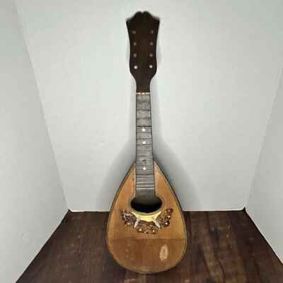 Antique Vtg Mandolin Bowl Back Mother of Pearl Inlay Butterfly Moth Needs Repair